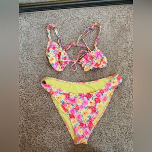 80’s Inspired Floral Tie-Strap Bikini Set Neon